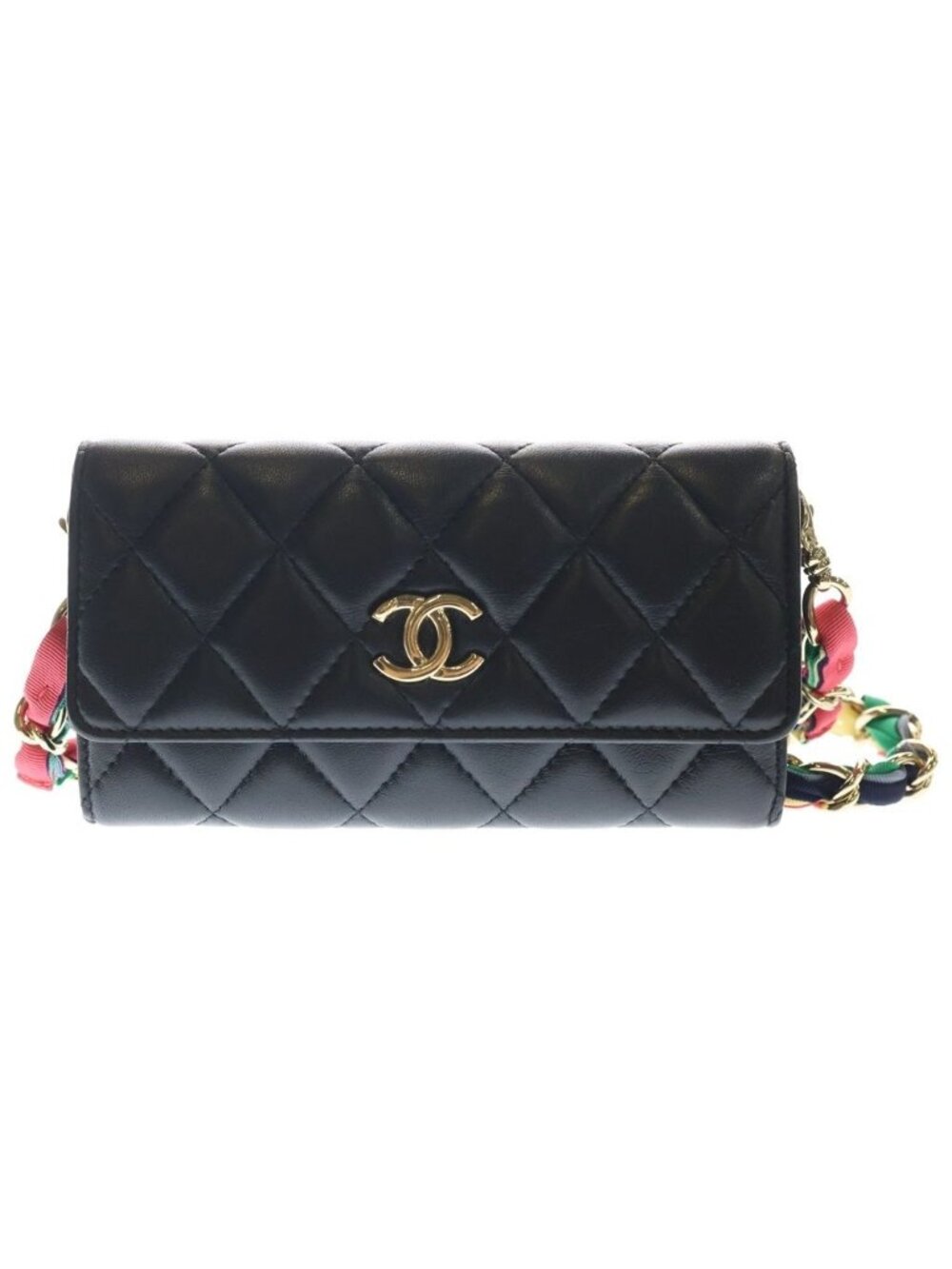 Chanel Quilted Chain Wallet Mini Shoulder Bag Black Lambskin Gold